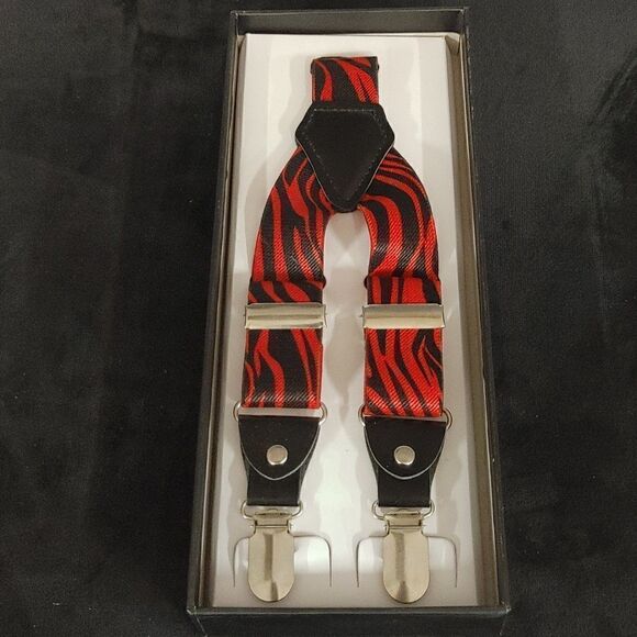 MEN'S FERRECCI RED-BLK ZEBRA DESIGN CLIP END SUSPENDERS. - Picture 1 of 3